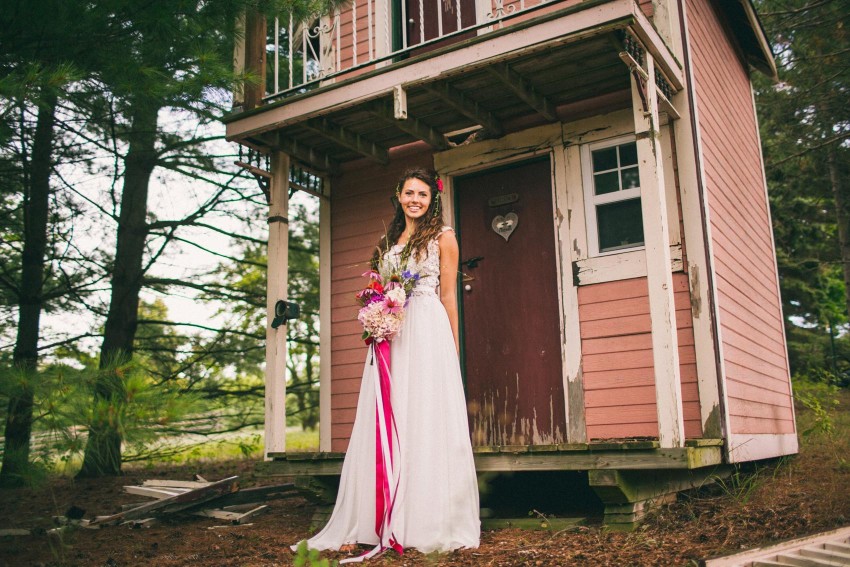 023 Mukwonago Milwaukee WI Bride In Front of Childhood Play House Danny Andrea