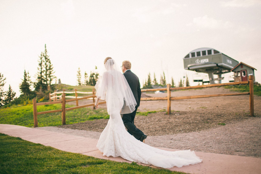 026 Aspen CO Mountain Wedding Photographer Dad Walk Down Asile with Bride