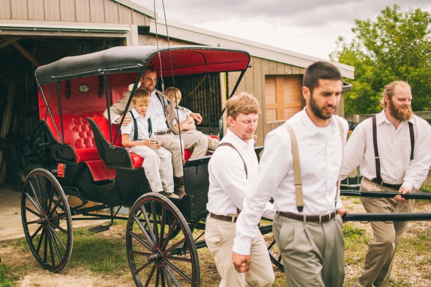 029 Mukwonago Milwaukee WI Barn DIY Laid-back Country Horses Tractor Danny Groomsmen Goofing Off Pulling Carriage Danny Andrea