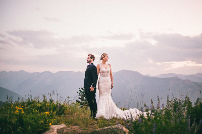 050 Aspen CO Mountain Top Luxury Wedding Inbal Dror Dress Modern Couples Bride Groom Portrait Tiffany Tom