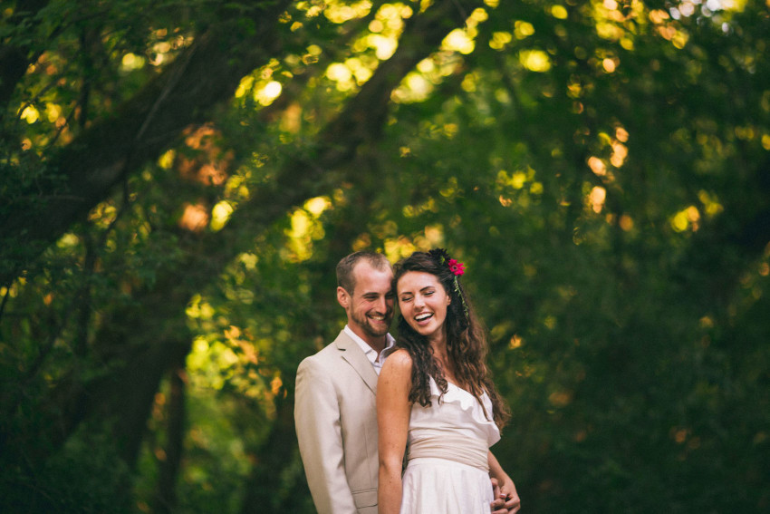 073 Mukwonago Milwaukee WI Barn DIY Laid-back In the Woods Bride Groom Portrait Long Lens Laughing Happy Couple Danny Andrea