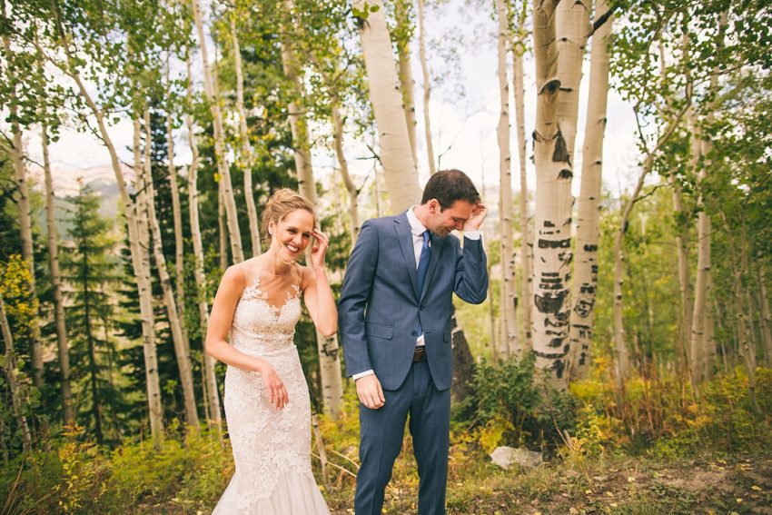 Crying groom first look crested butte Gothic Aspen Trees