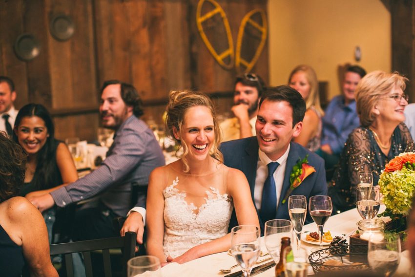 bride and groom reaction during toasts crested butte uleys