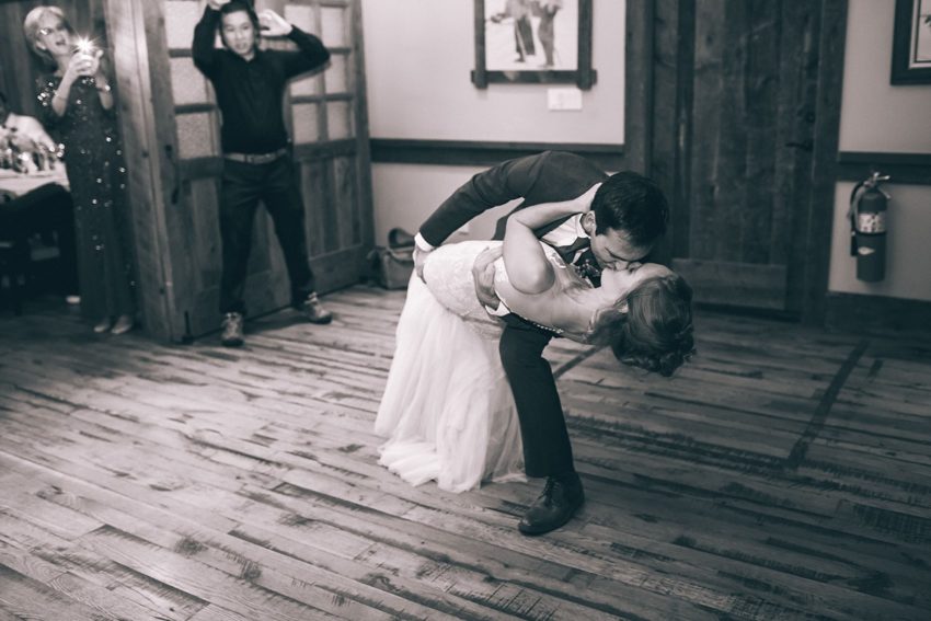 bride and groom's first dance uleys cabin romantic black and white photo