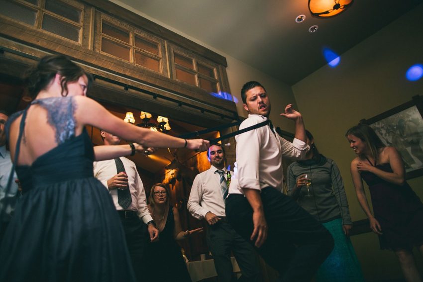 guests dancing at uleys cabin wedding reception